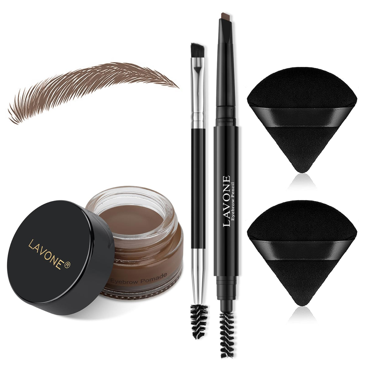 Lavone Eyebrow Pencil Makeup Kit - Waterproof Pencil, Pomade, Brush & Puff - Khaki Brown