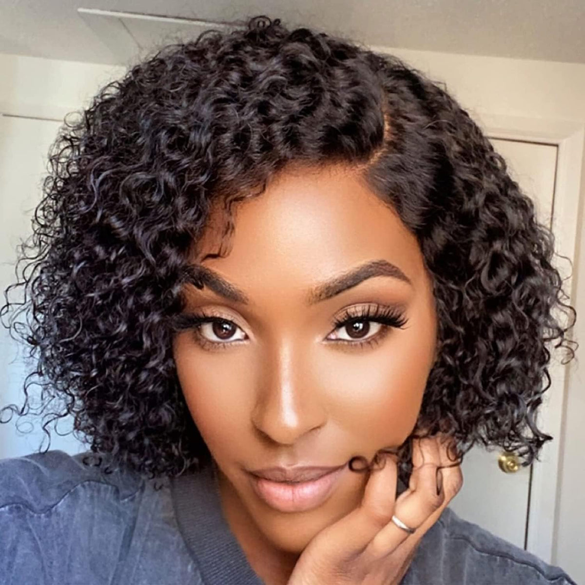 Wiger 10&quot; Lace Front Human Hair Kinky Curly Bob Wig - Natural Black Water Wave Pixie Hairstyle