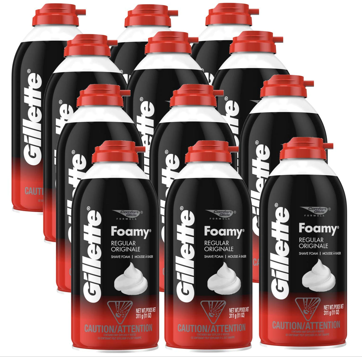 Gillette Foamy Regular Shaving Cream, 12 Pack Of 11 Oz - Classic Black Red