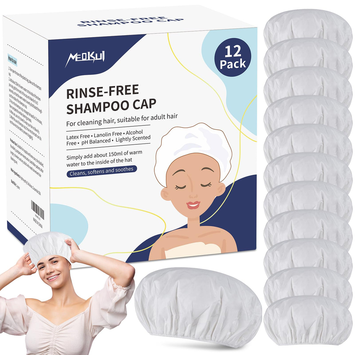 Meokui 2024 No Rinse Shampoo Caps - Portable Shower Cap For Seniors, Nursing, Travel (12 Pack)