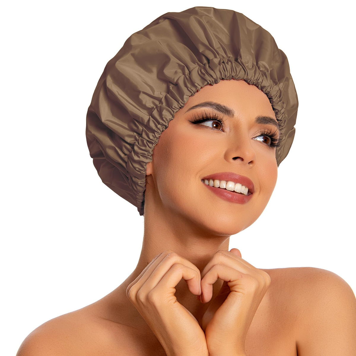 Edoneery Large Waterproof Reusable Shower Cap For Women, Brown Elastic Bath Hair Hat