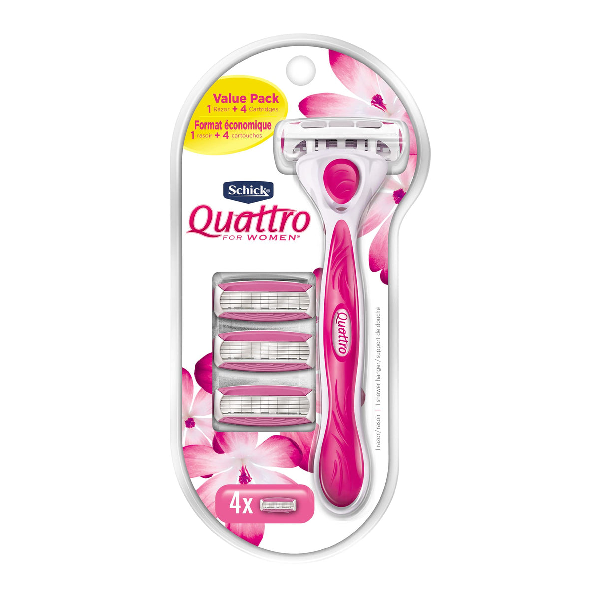 Schick Quattro Women'S Razor Value Pack - 1 Razor & 4 Blade Refills, Pink, 1 Count