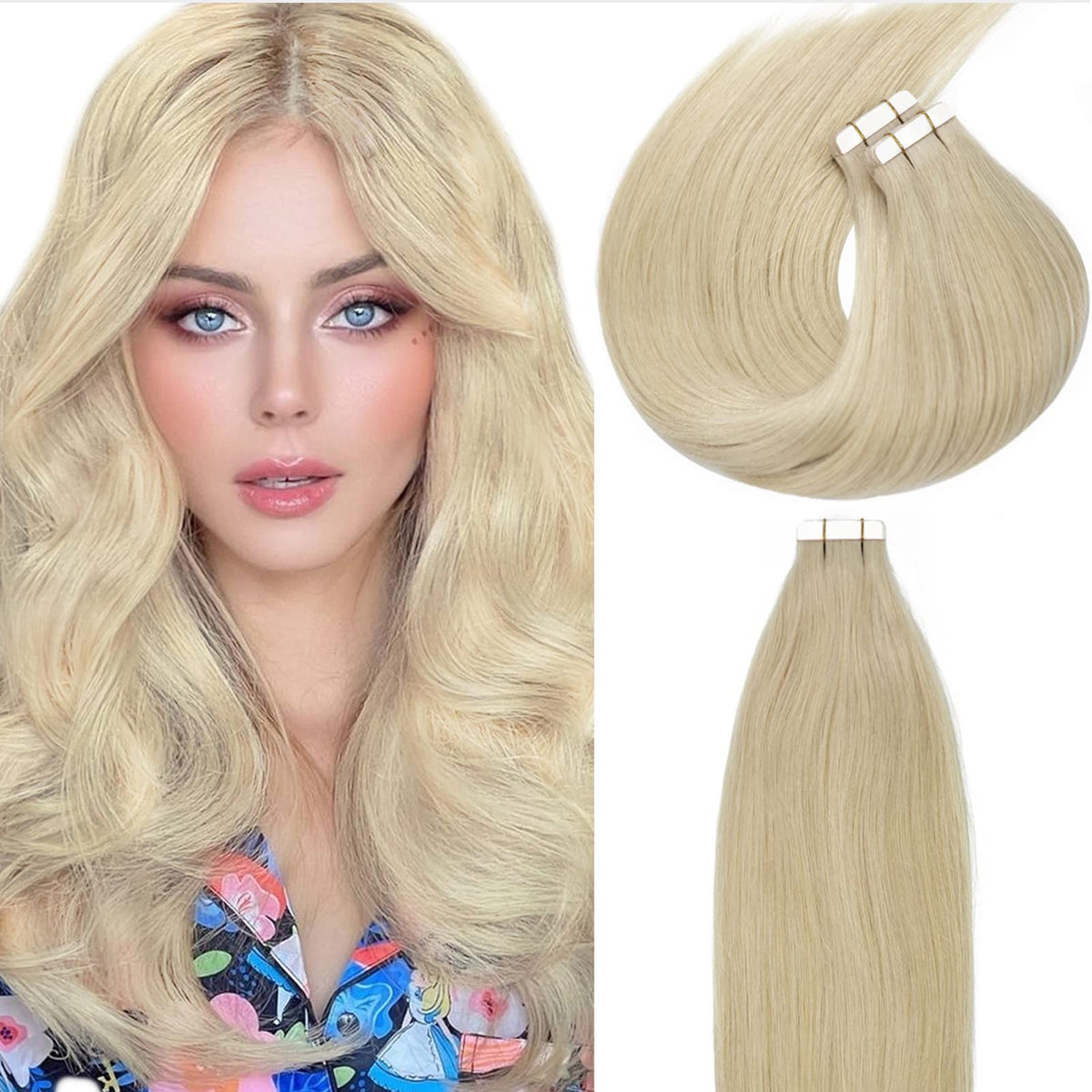 Loxxy Tape In Hair Extensions - Human Hair, Platinum Blonde #60A, 22 Inch, 50G, 20P