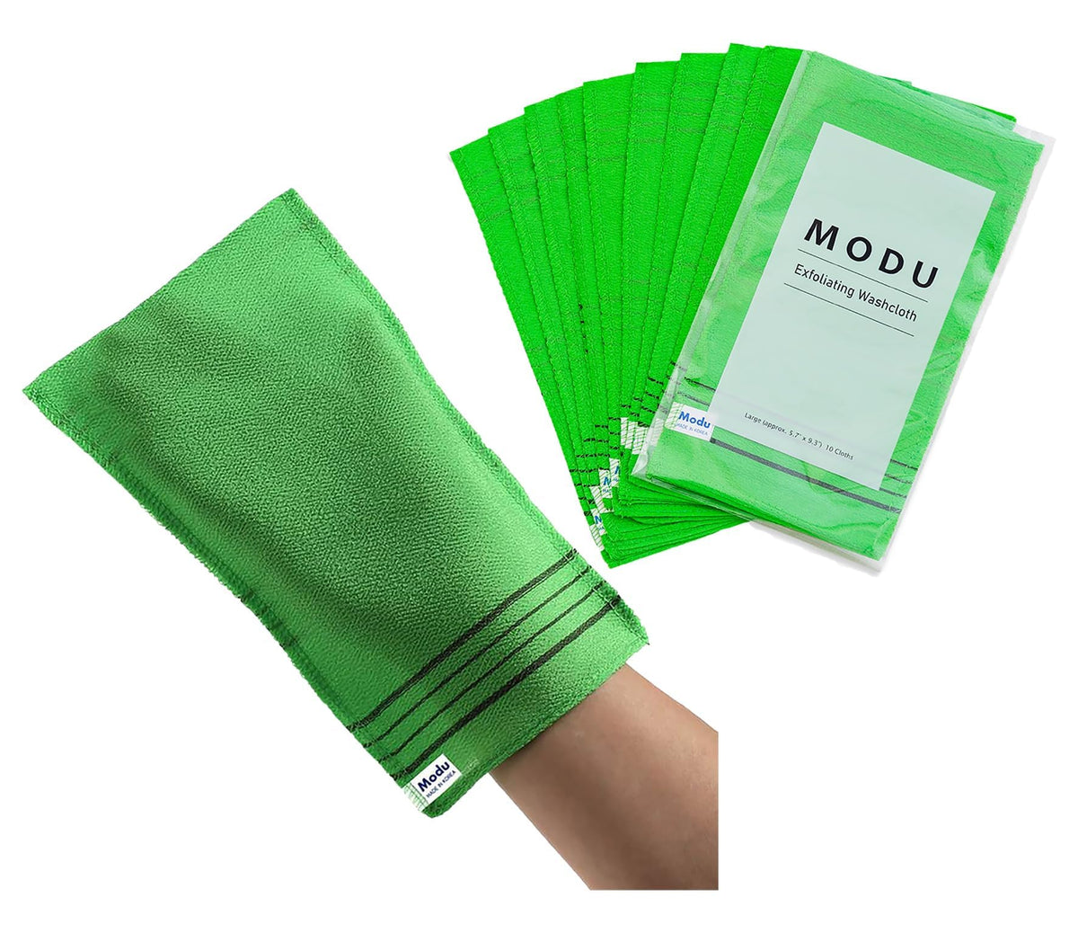 Modu 10 Pcs Korean Exfoliating Mitts - Green Bath Washcloths, Viscose, Large 9.1