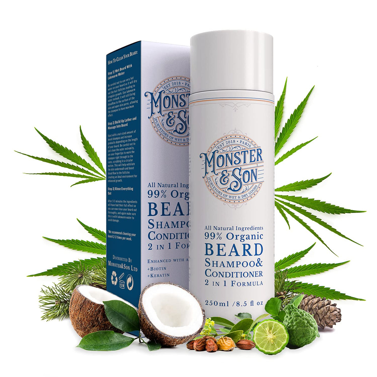 Monster&Son Organic 2-In-1 Beard Shampoo & Conditioner - Gentle, Hypoallergenic Cleanser 250Ml