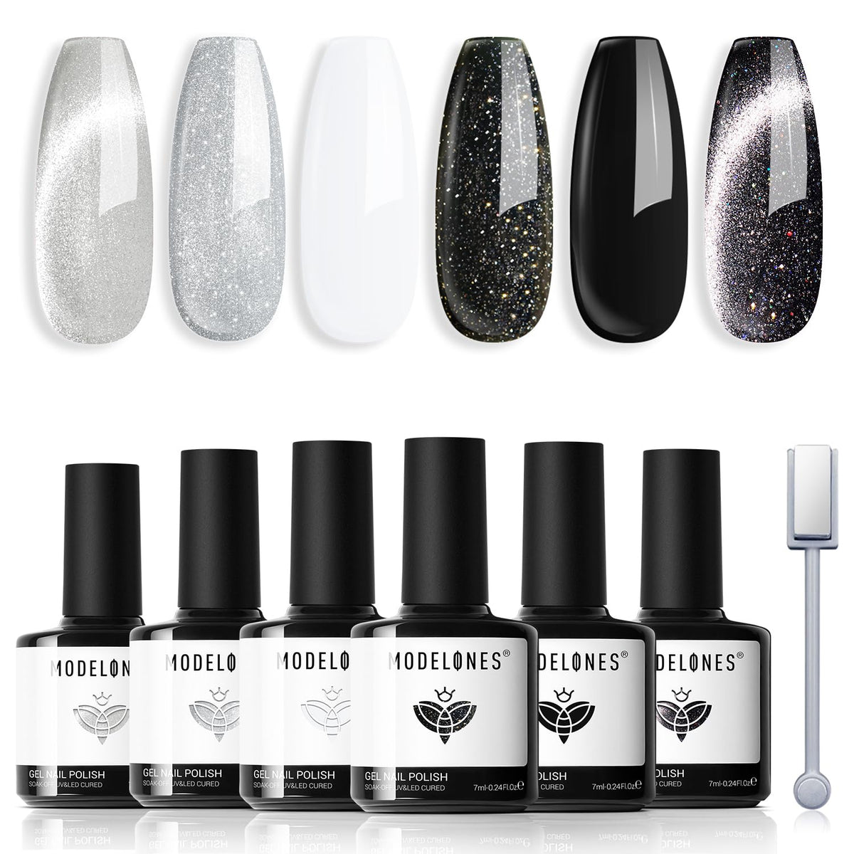 Modelones Cat Eye Gel Nail Polish Set, 6 Colors Glitter Shimmer, Soak Off Manicure Kit