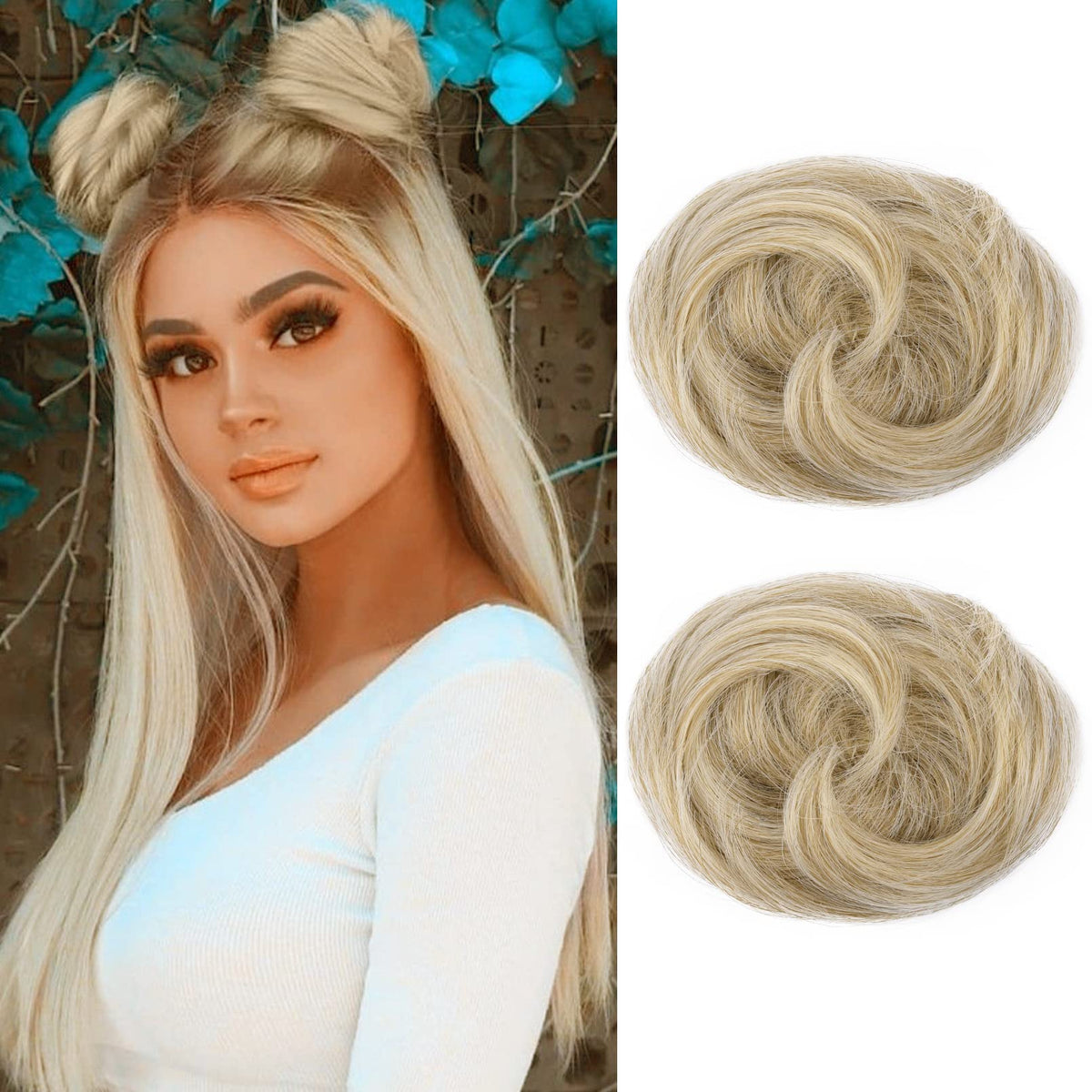 REECHO 2 PCS Mini Claw Clip Hair Bun Extensions, Medium Blonde Wavy Updo for Women & Girls