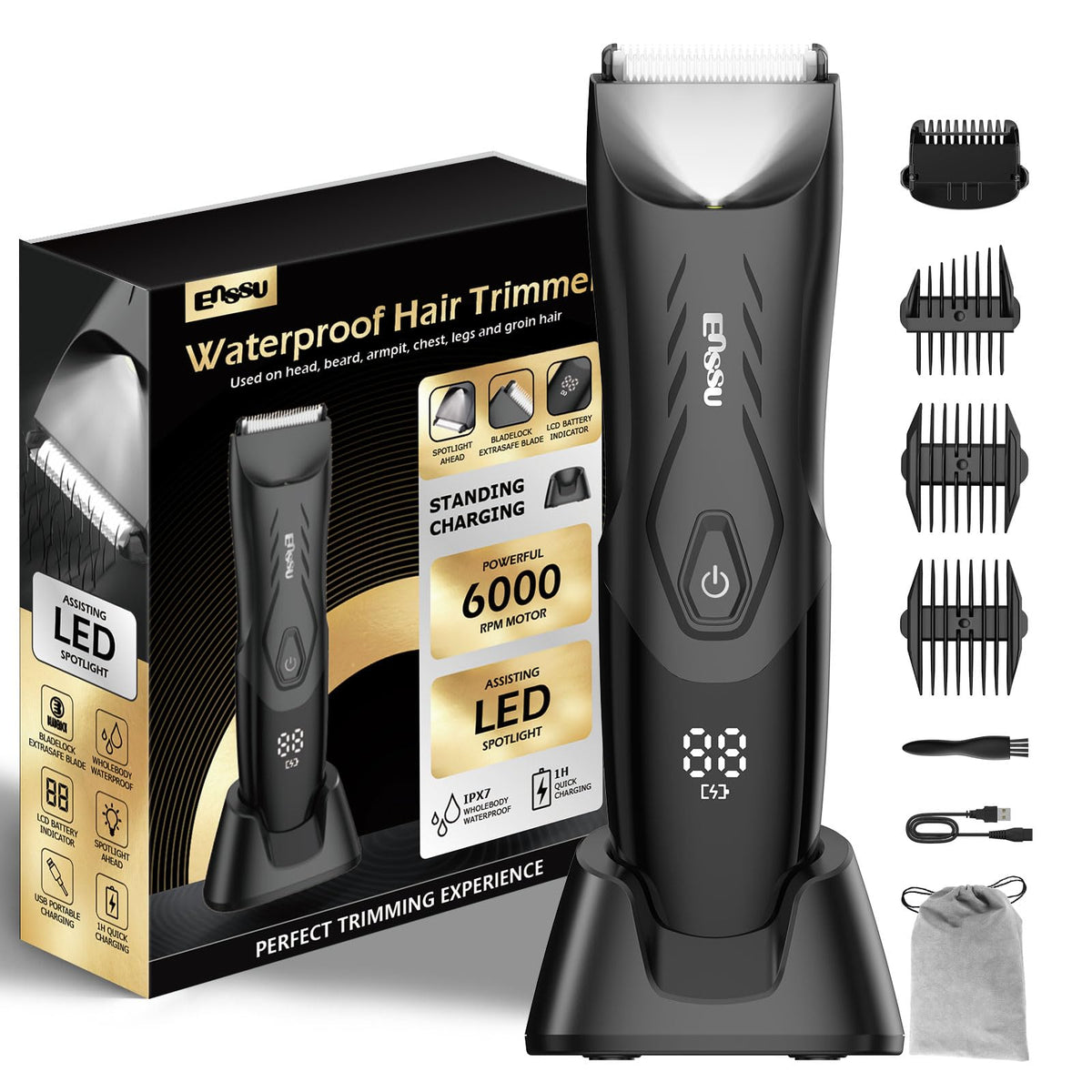 Enssu Body Hair Trimmer For Men, Waterproof Cordless Pubic Groomer With Led Display, Black