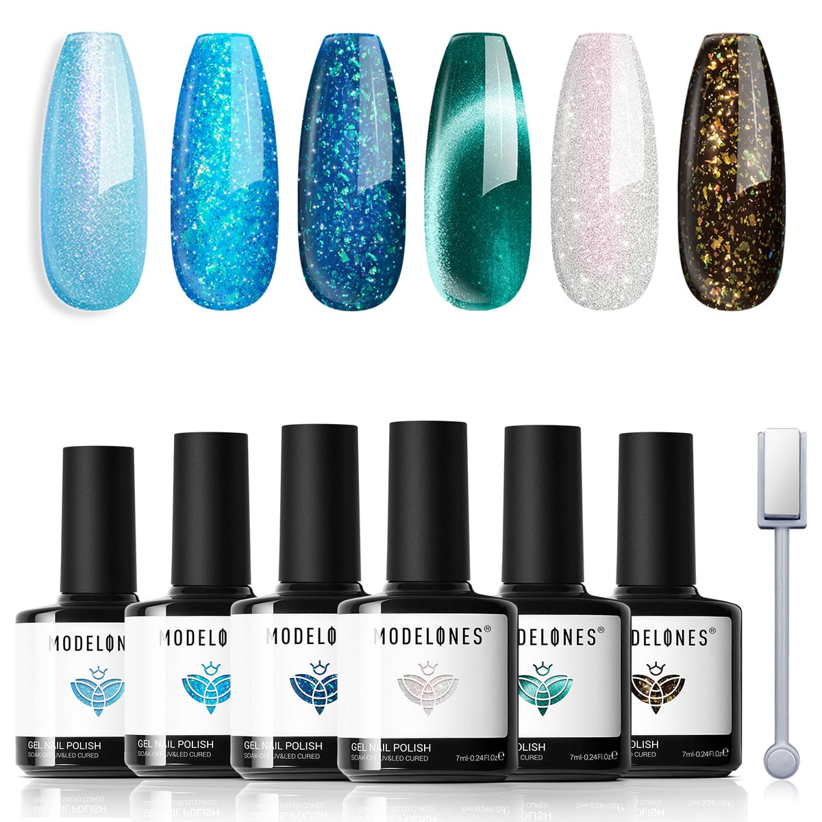 Modelones Gel Nail Polish Set - 6 Ocean Series Colors, Glitter Cat Eye & Sparkle, Soak Off