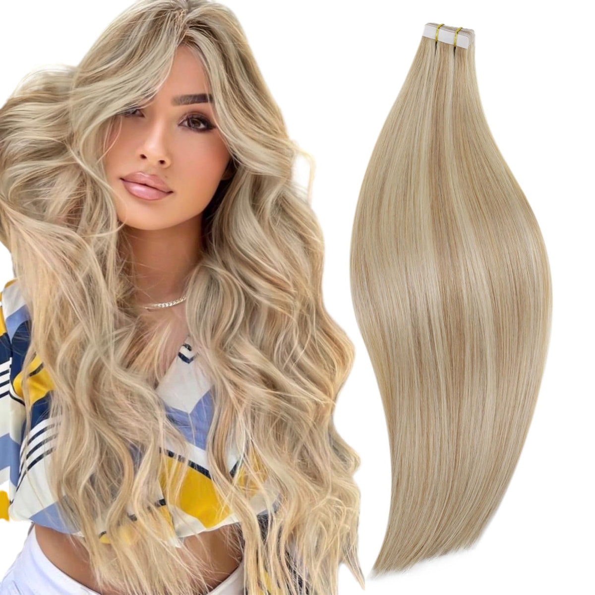 Runature 24&quot; Tape In Human Hair Extensions - Blonde Ash Platinum, Soft Double Sided, 50G 20Pcs