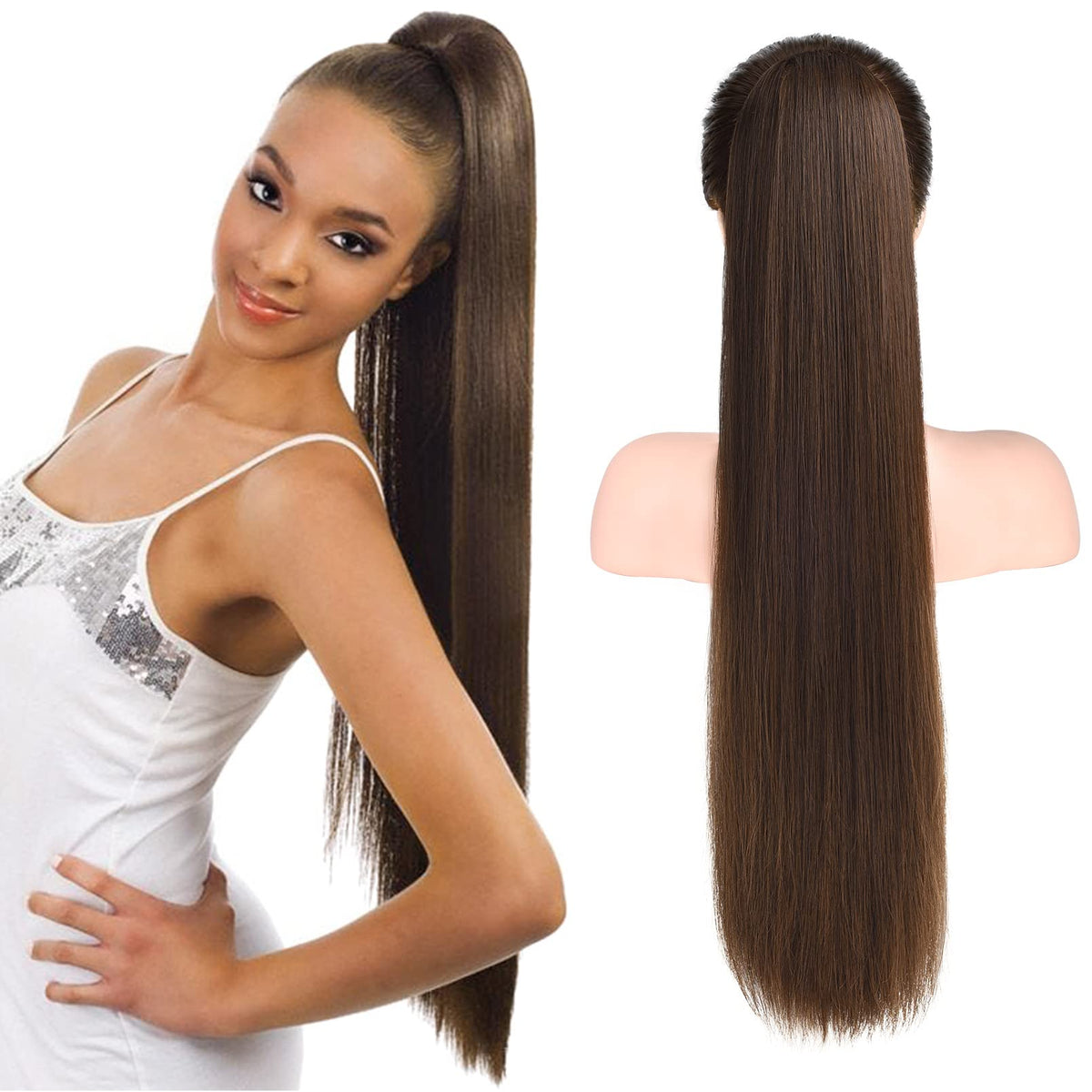 Seikea 28&quot; Dark Brown Ponytail Extensions - Synthetic Clip In Hairpiece With Copper Highlights