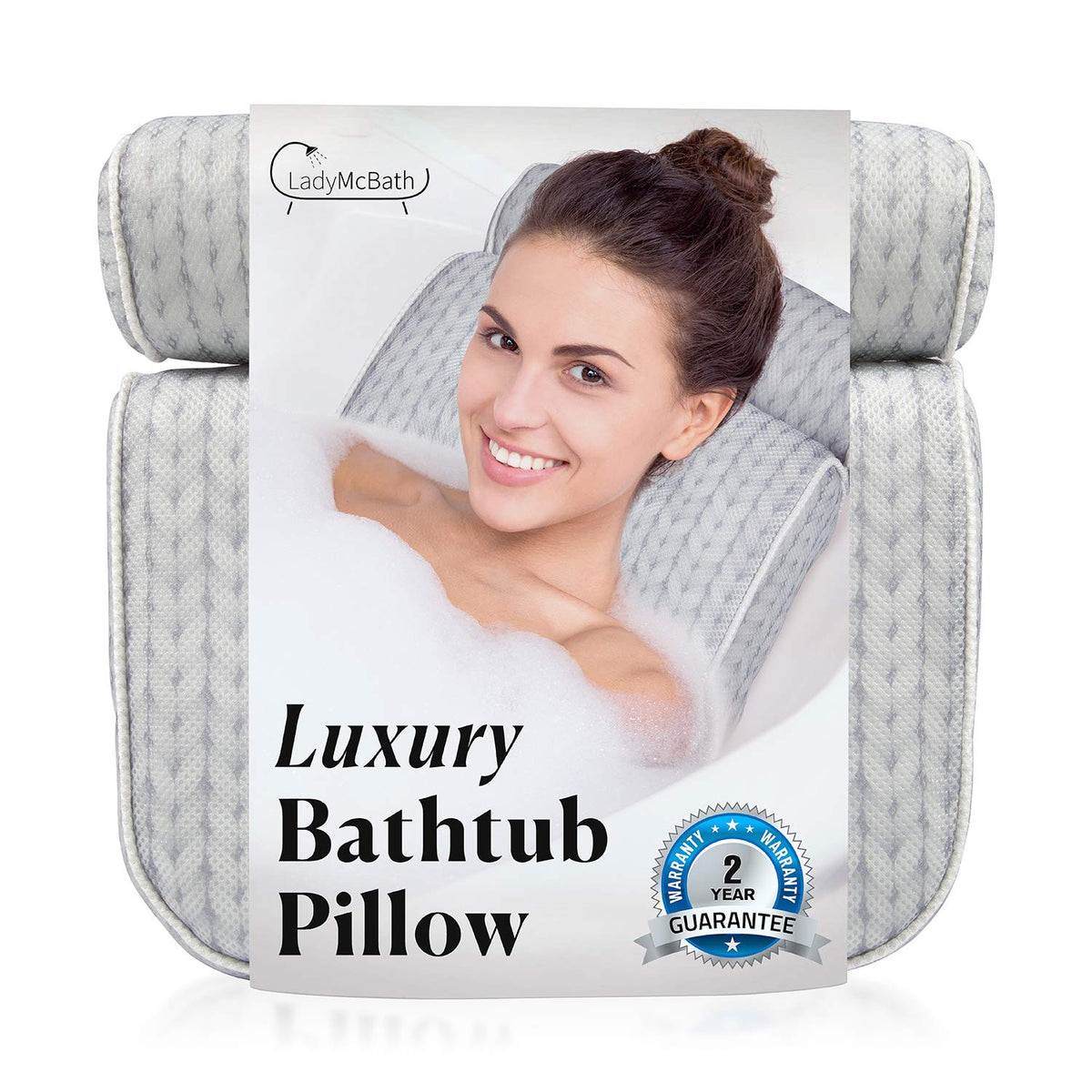 Lady Mcbath Luxury Bath Pillow - Grey Neck & Back Support With Suction Cups, Machine Washable