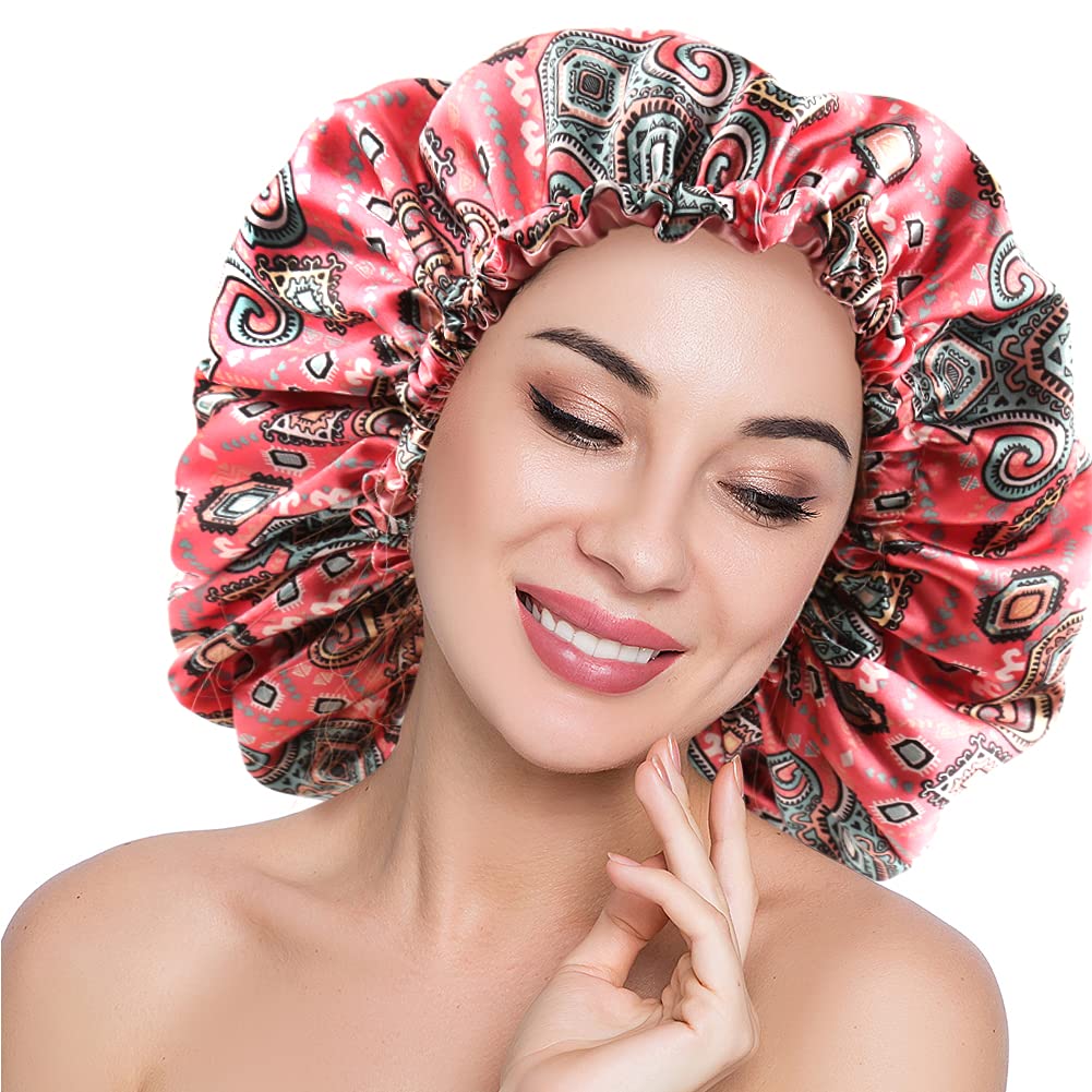 ELIHAIR Silky Satin Bonnet for Curly Hair - Adjustable X-Large Retro Pink Double Layer