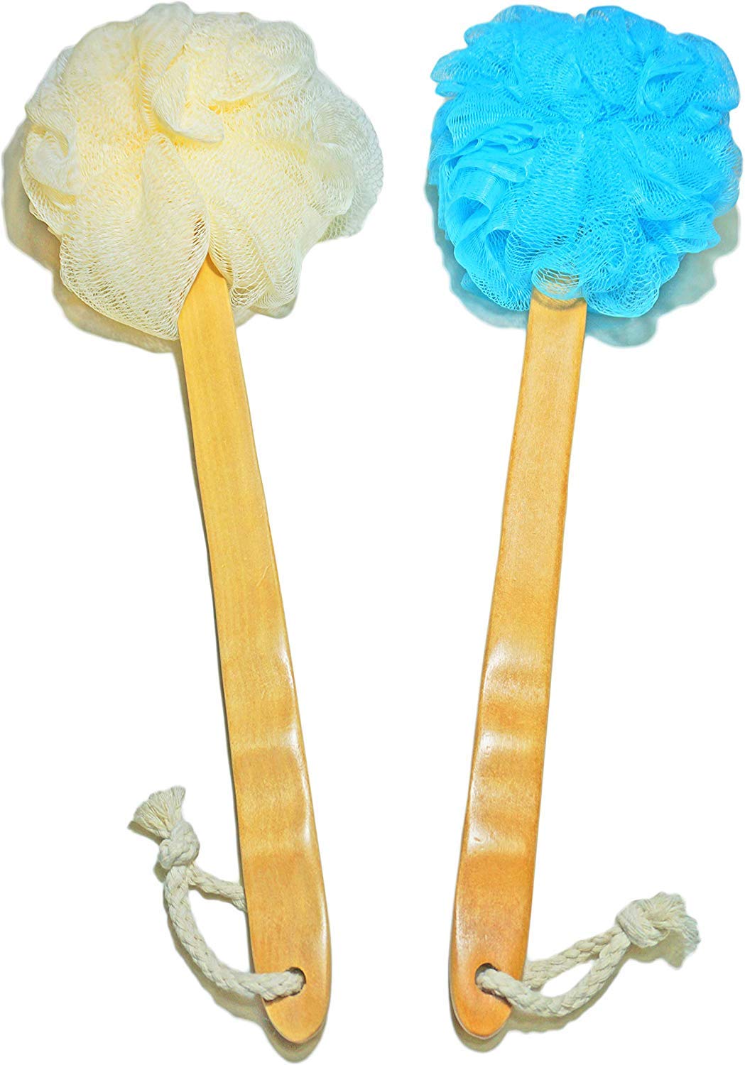 Jins-Hung 2-Pack Exfoliating Shower Loofah & Back Scrubber With Long Wooden Handle - Blue White