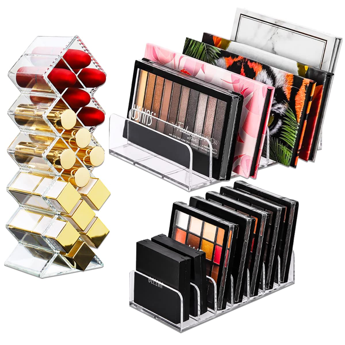 Fhdusryo Clear Acrylic 3-Pc Eyeshadow Palette Organizer With Lipstick Holder