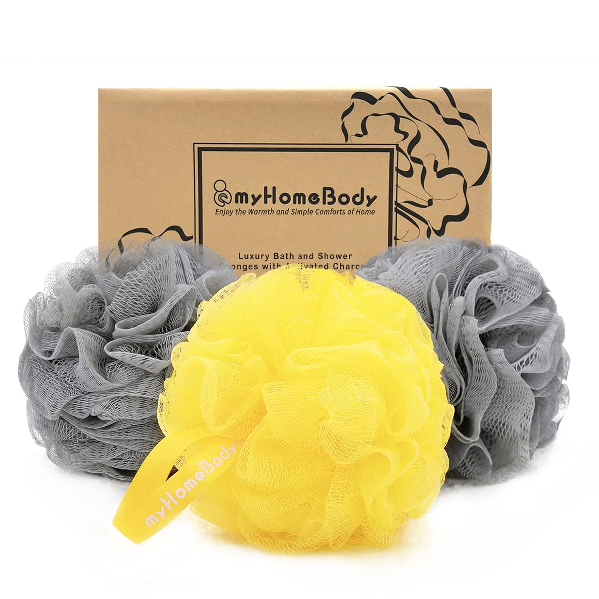 Myhomebody 3 Pack Loofah Sponge Set - Exfoliating Body Scrubber With Activated Charcoal, Gray & Yellow