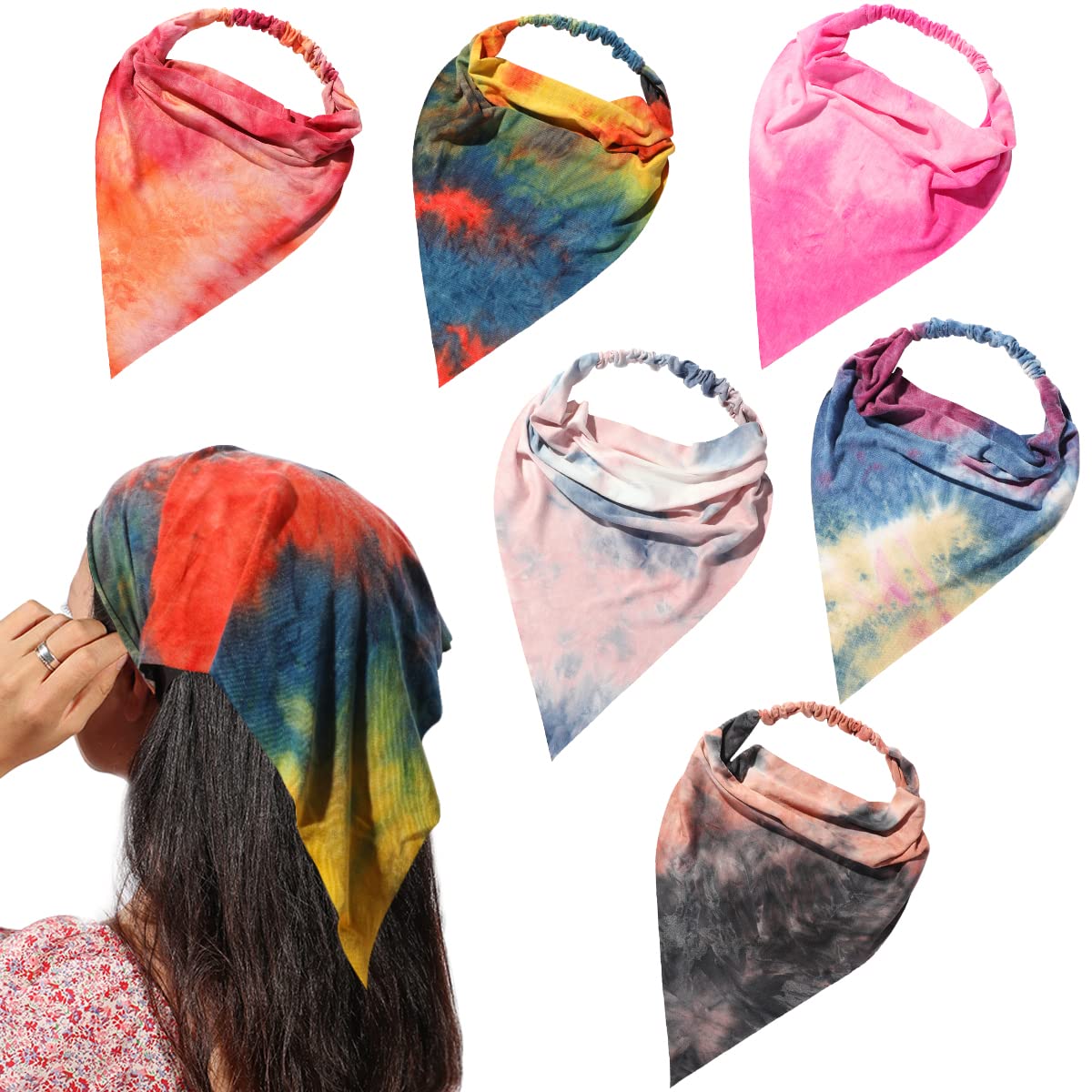 Vercret 6 Pack Hair Scarves - Adjustable Tie Dye Cotton Headbands With Clips For Women & Girls