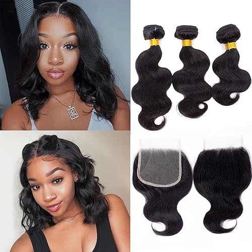 Kapelli Hair Brazilian Virgin Body Wave Bundles with Closure - 12/14/16+10&quot; Remy Human Hair