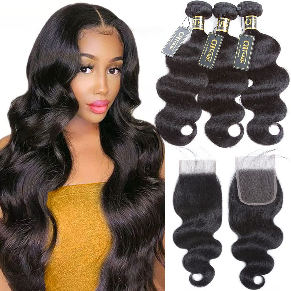 Qthair 12A Grade Brazilian Body Wave Hair Bundles With 4X4 Closure - 18&quot; 20&quot; 20