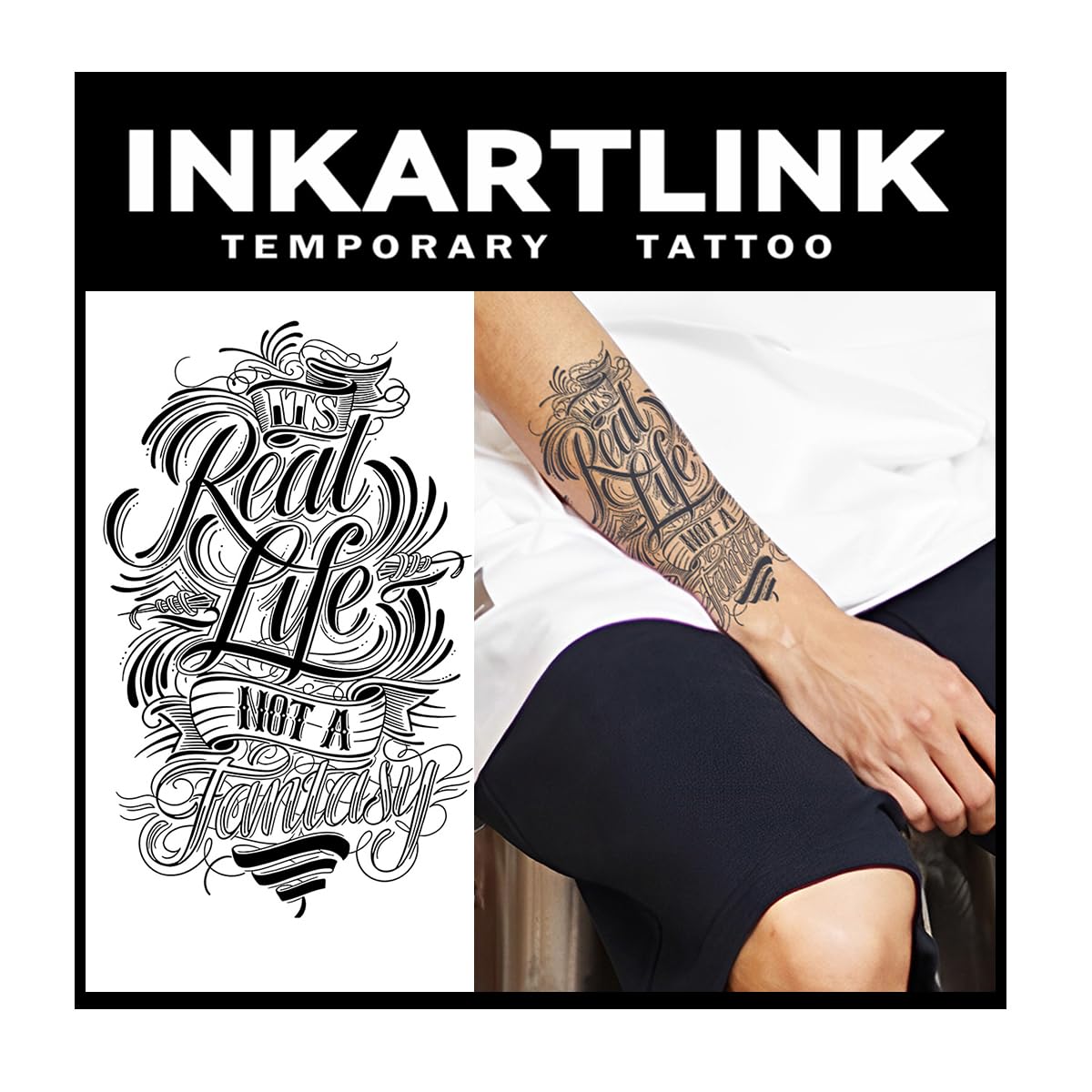 Inkartlink Extra-Large English Cursive Temporary Tattoo - Waterproof, Lasts 1-2 Weeks, 2 Sheets