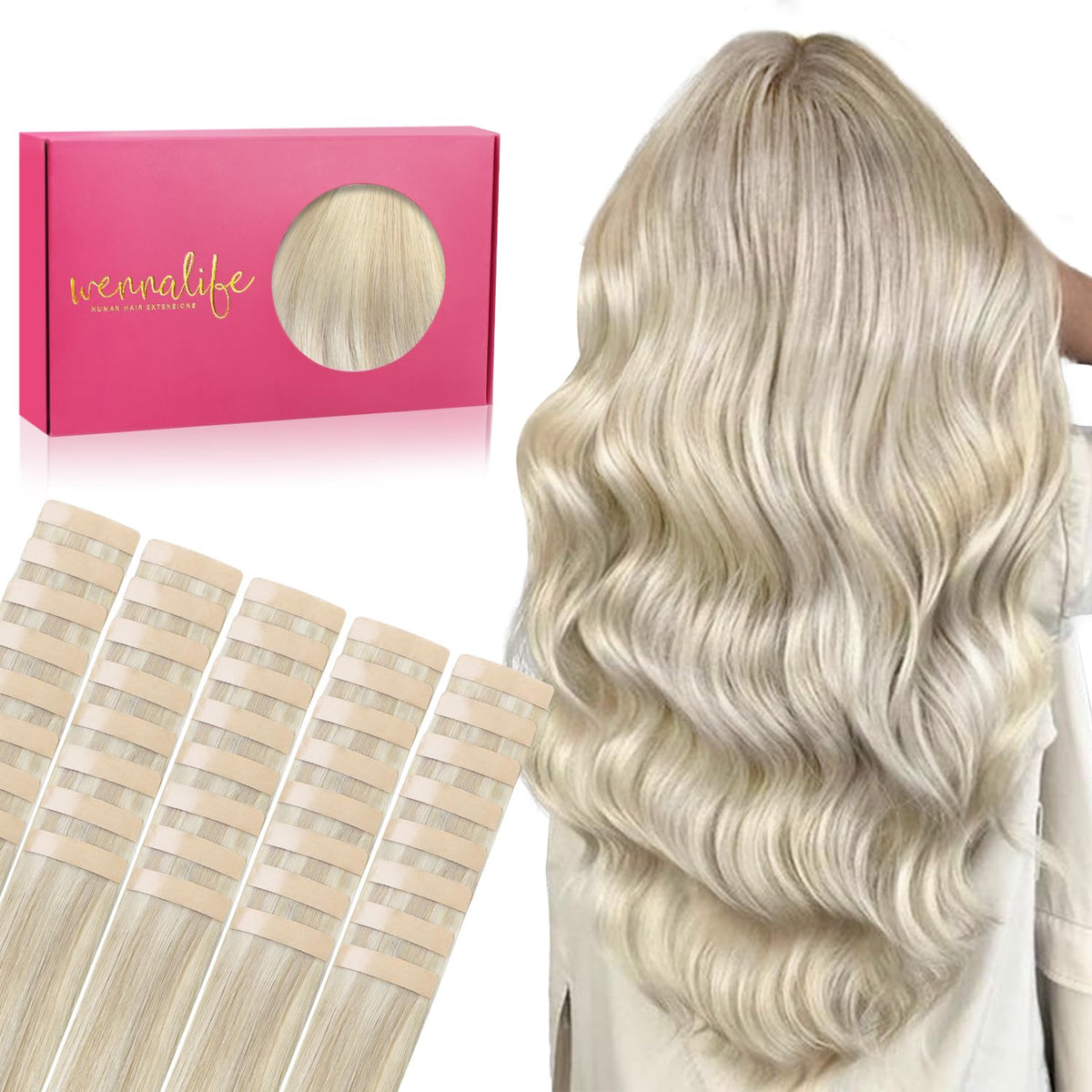 WENNALIFE 20&quot; Tape in Hair Extensions, 100g Ash Blonde Highlighted Platinum Human Hair, 40pcs