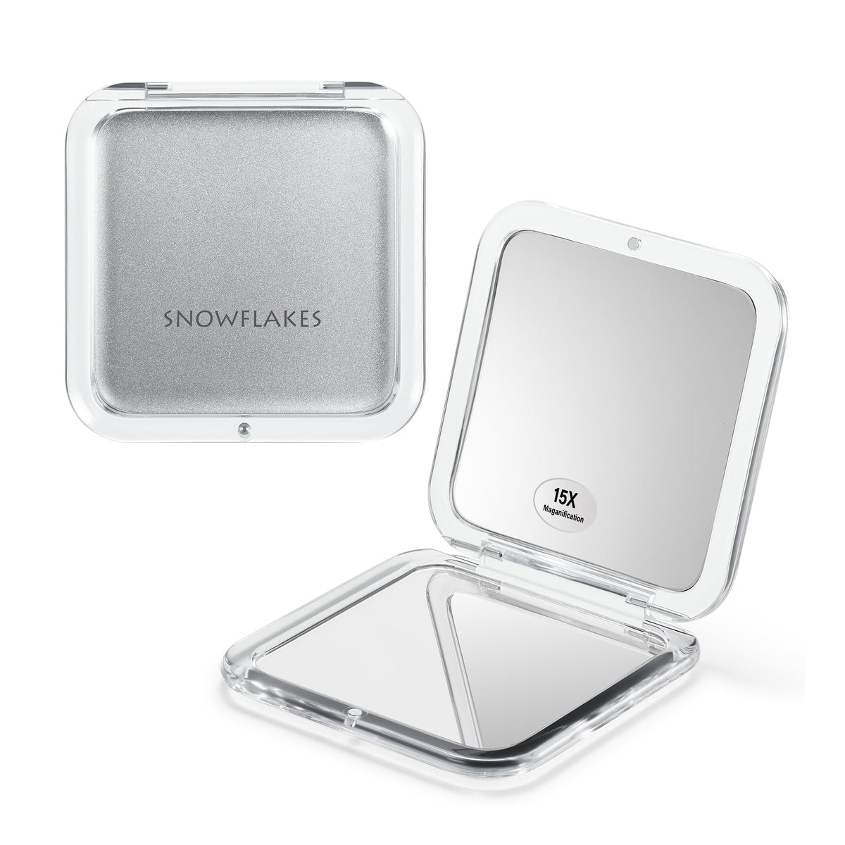 Snowflakes Compact Travel Magnifying Mirror - 1X/15X Handheld Cosmetic Mirror, Silver