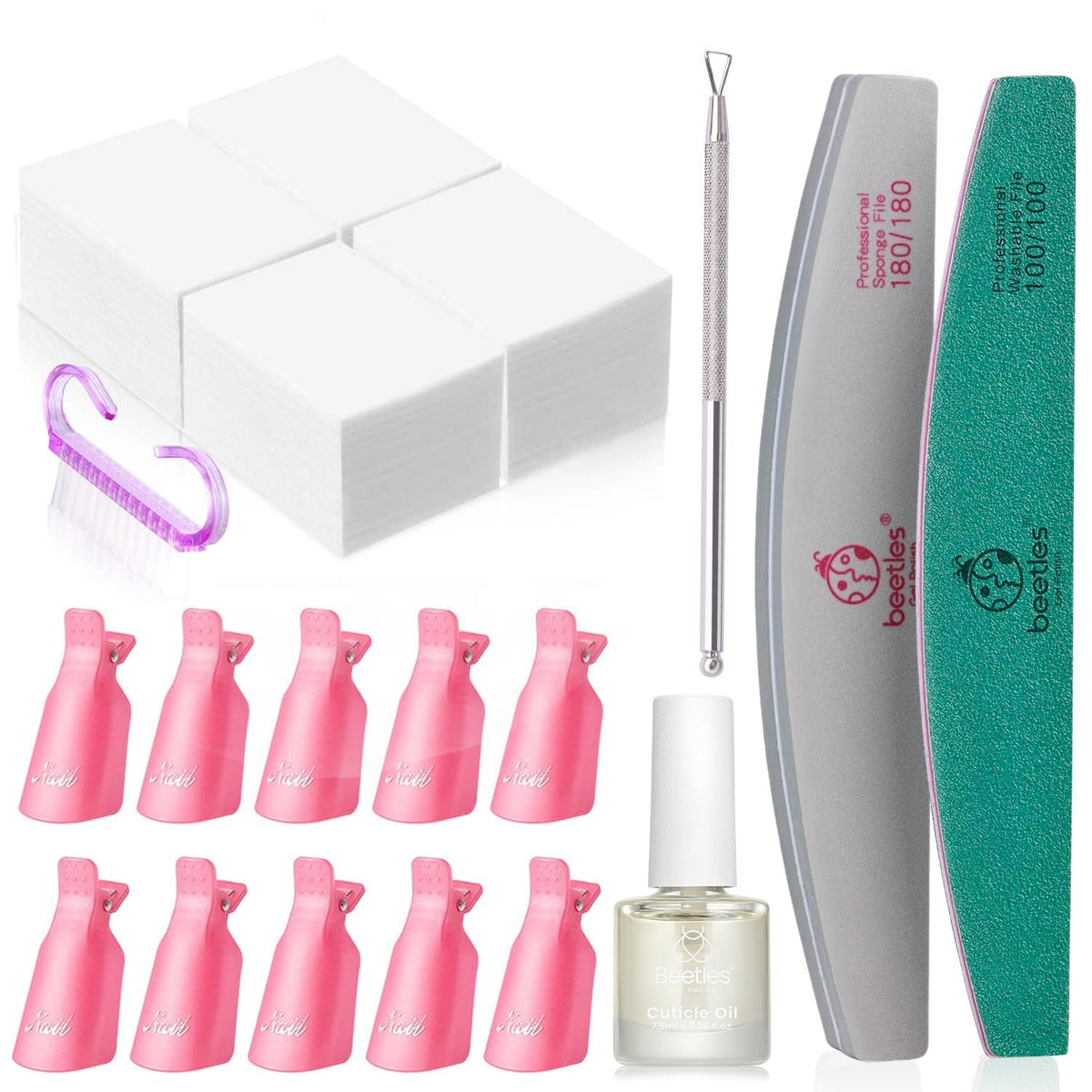 Beetles Gel Polish Remover Kit - 16 Pcs Lint-Free Wipes, Clips, Cuticle Oil & Nail File