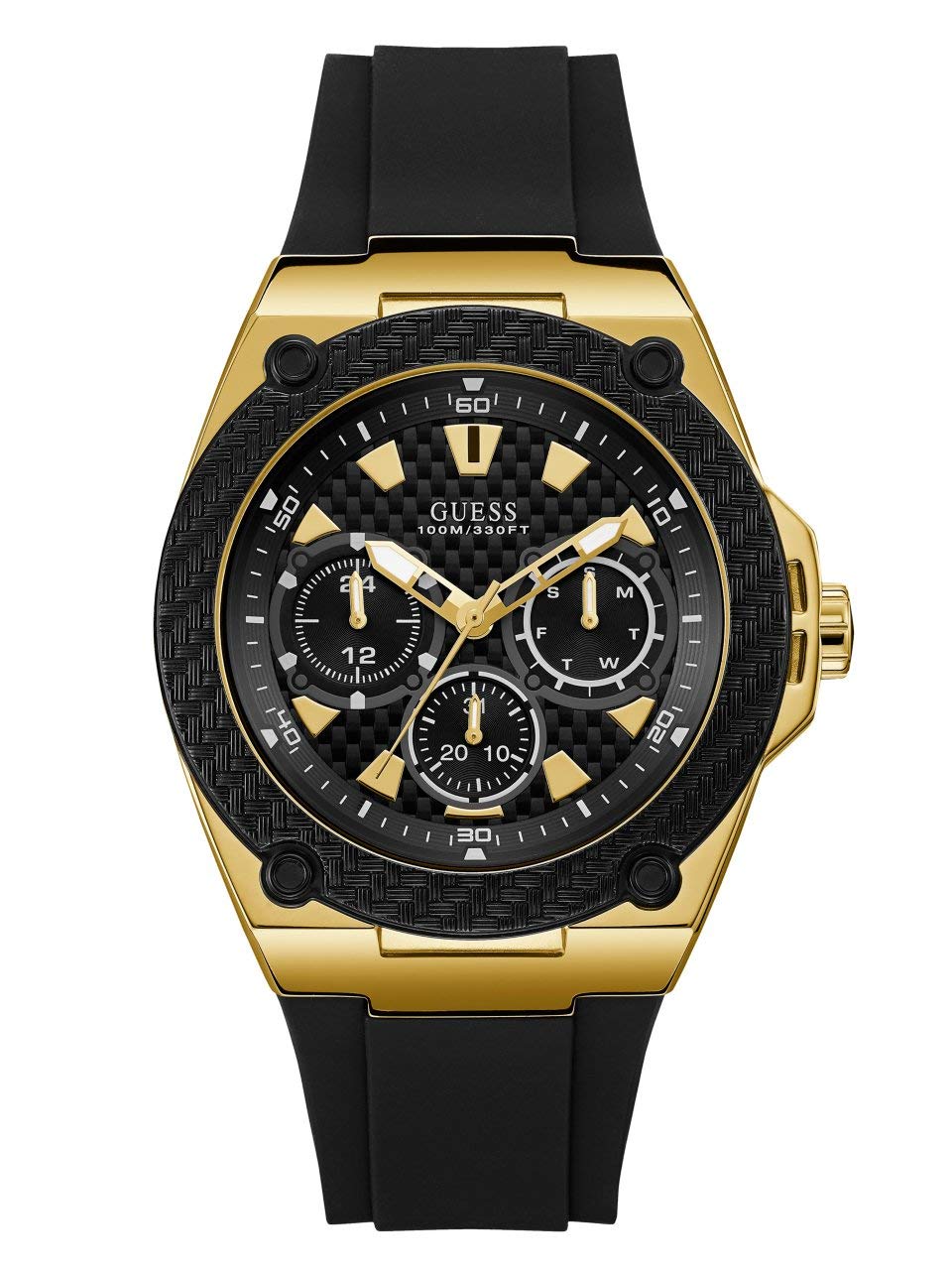 Guess Black Silicone Watch, Gold-Tone Day/Date + 24-Hour Military Time, Stain Resistant, Model U1049