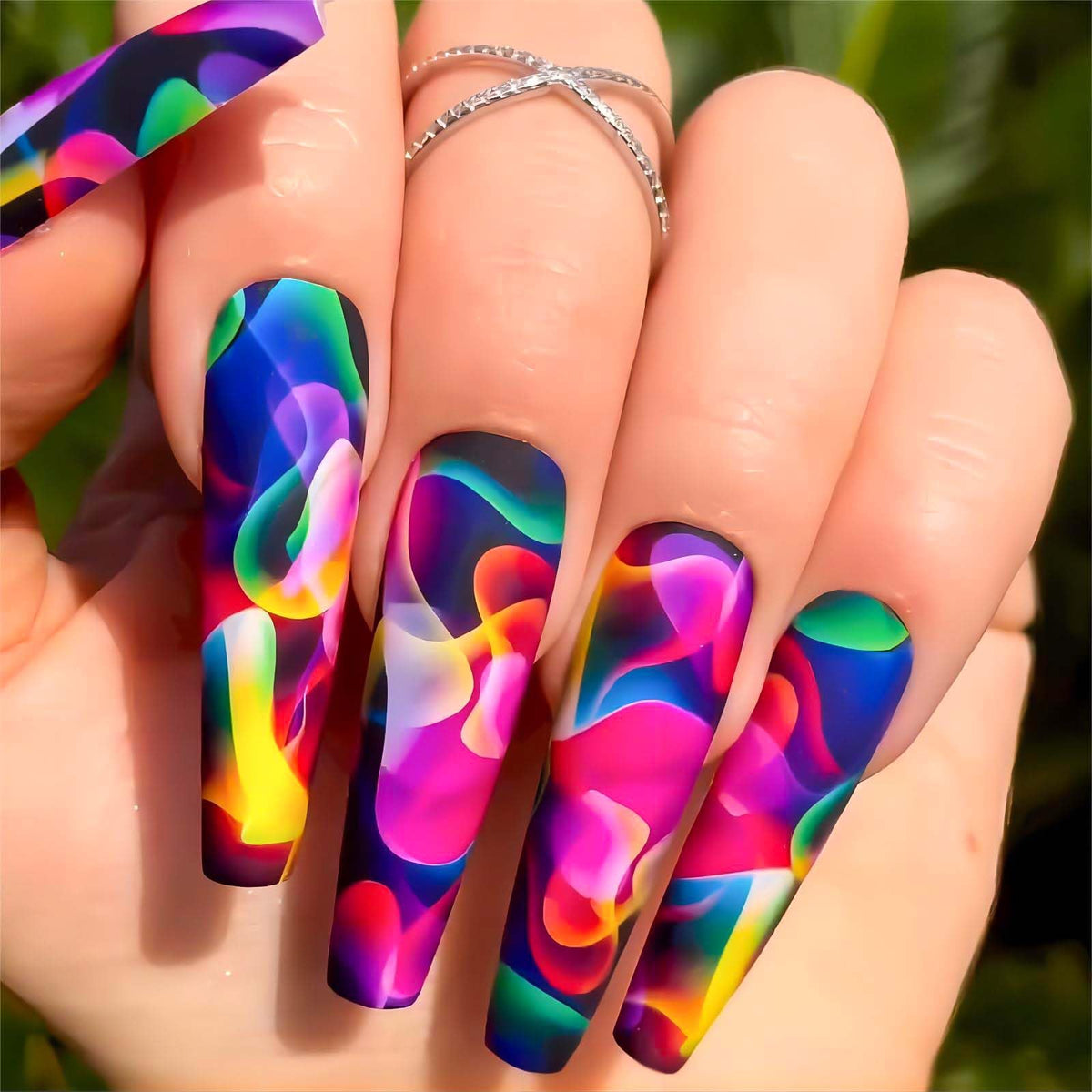 Ruokexin Long Coffin Press On Nails - 24Pcs Colorful Water Ripple Design With Glue