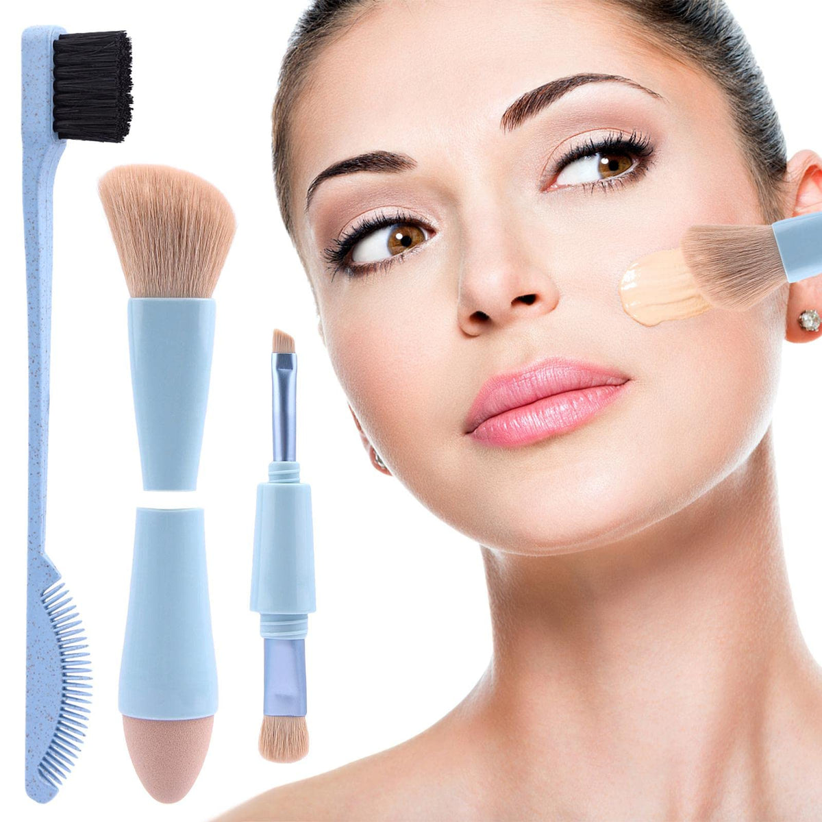 Uxely 4 In 1 Blue Makeup Brush Set - Portable Double Head Brush For Foundation, Eyebrow, Blush