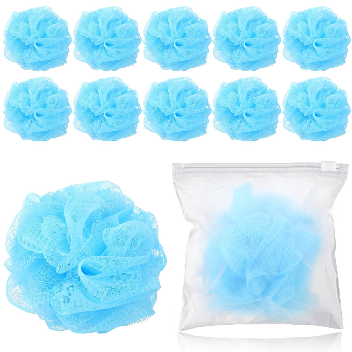 Funnymoom 12 Pcs Travel Size Blue Loofah Shower Puff Individually Wrapped Bath Sponge Bulk