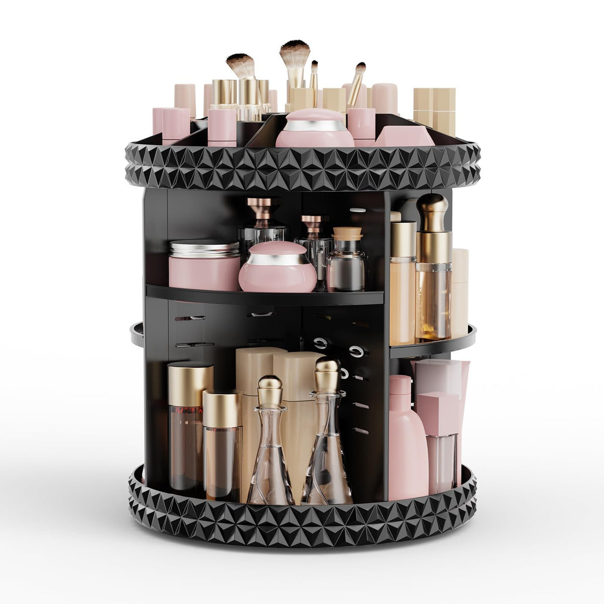 Rosoenvi 360° Rotating Makeup Organizer, Large Black Acrylic Skincare Storage For Dresser & Bathroom