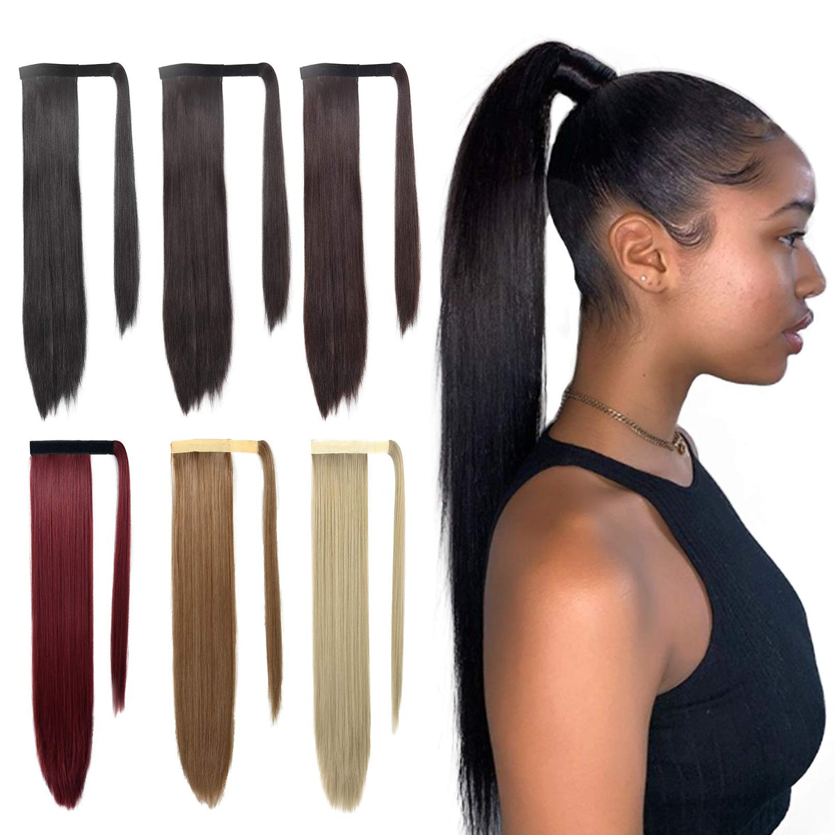 Seikea 24&quot; Black Ponytail Extension Clip-In Long Straight Synthetic Hairpiece For Women