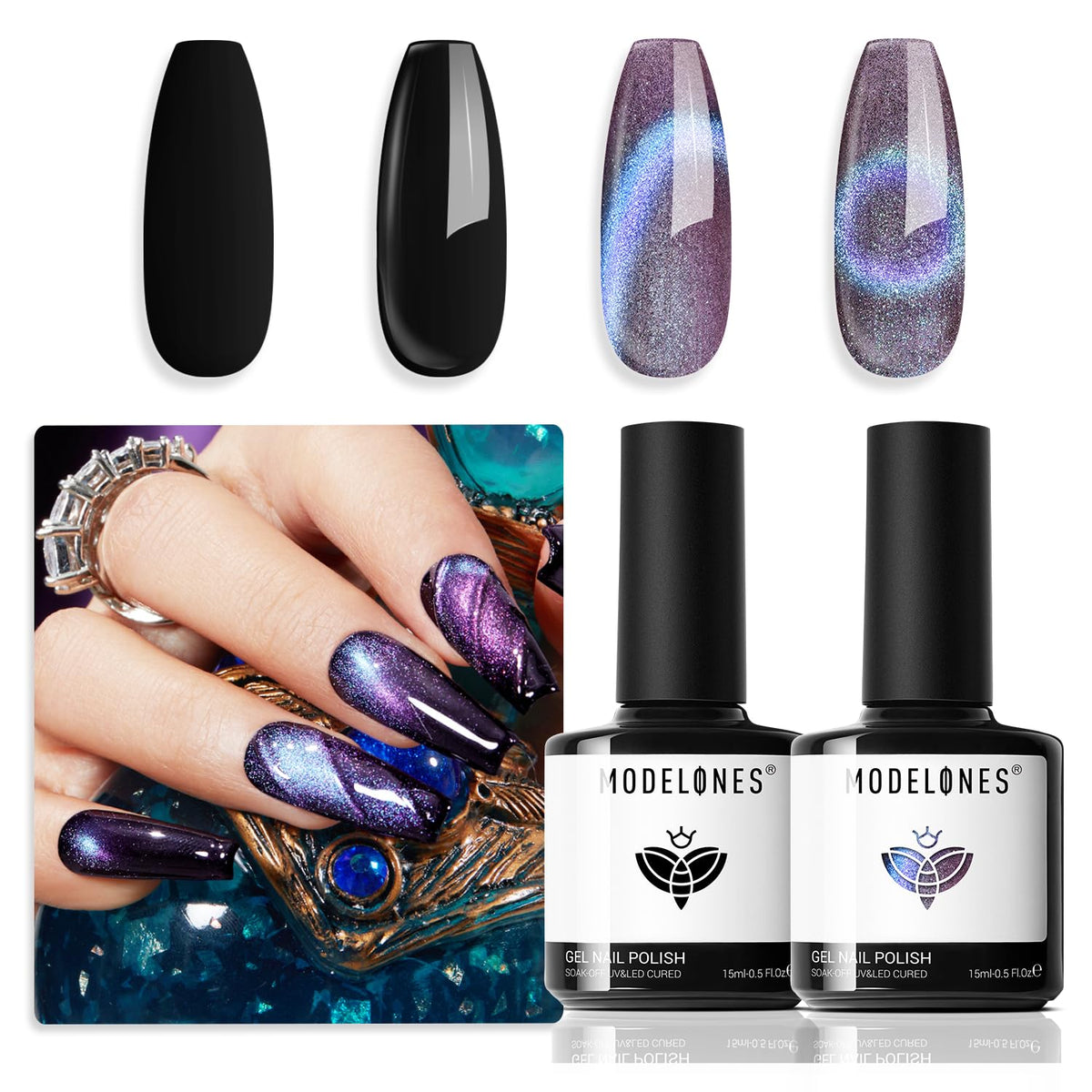 Modelones 2 Pcs Cat Eye Gel Nail Polish Set - Black Purple Holographic 9D Glitter, 15Ml