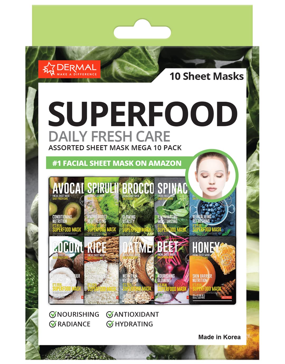 Dermal Superfood Daily Fresh Care 10 Pack Sheet Masks For Glowing, Moisturized Skin