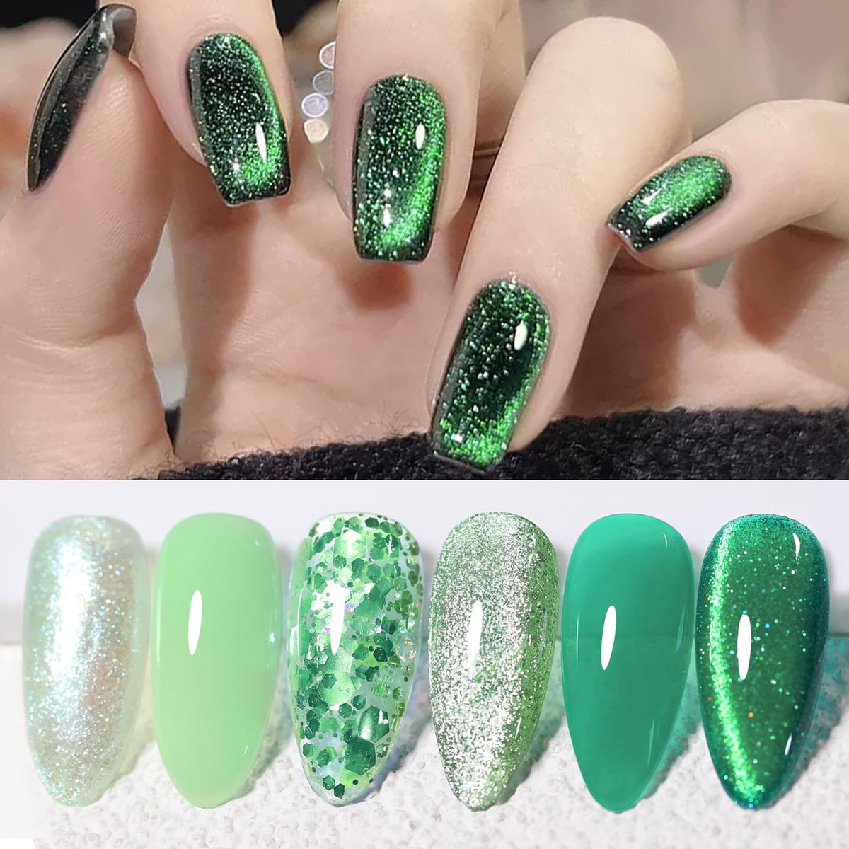 Born Pretty Christmas Glitter Gel Polish Set, Green Cat Eye Magnetic Gel, 6Pcs 7Ml