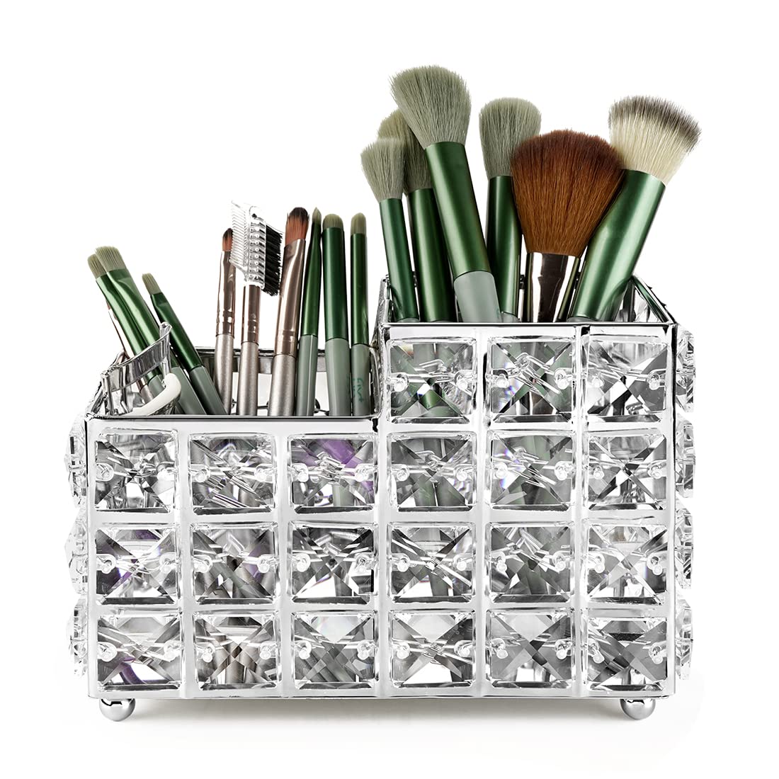 Luexbox Silver Crystal Makeup Brush Holder - Square Organizer For Table, Dresser & Bathroom