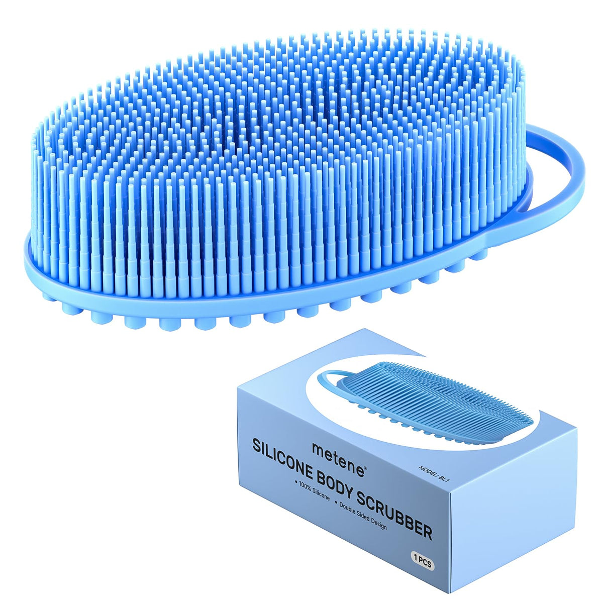 Metene Silicone Body Scrubber - Exfoliating, Soft, Long Lasting, Blue Shower & Bath Accessory