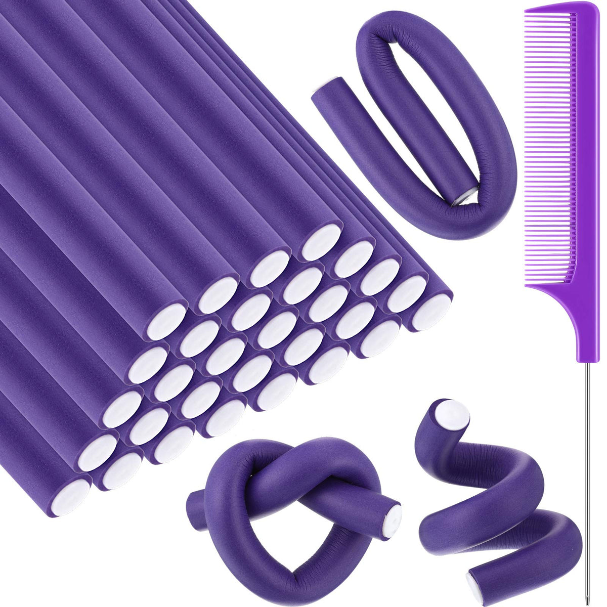 Syhood 30 Flexible Curling Rods - Soft Foam No Heat Hair Rollers with Steel Pintail Comb, Purple