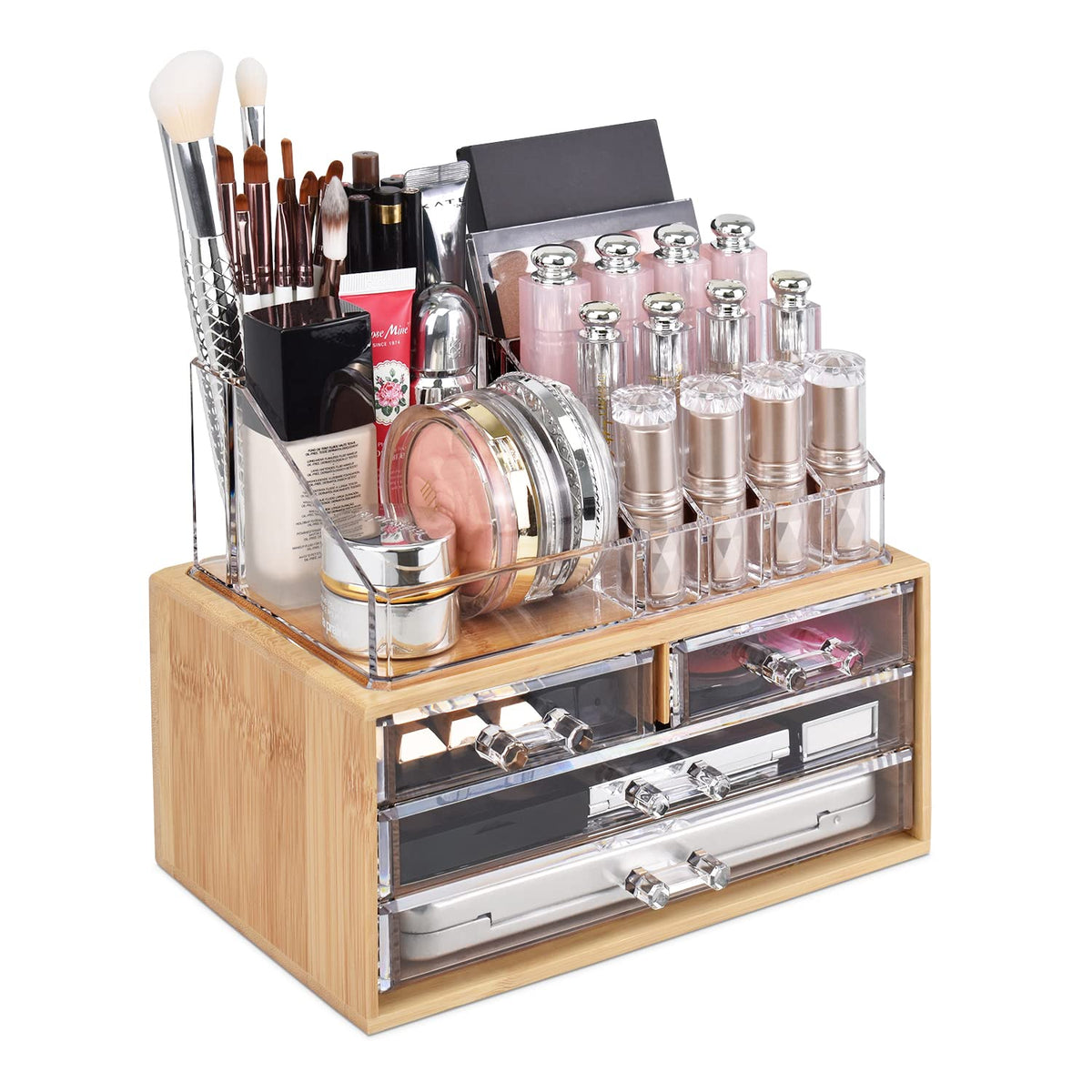 Ikee Design Bamboo Makeup Organizer With 4 Acrylic Drawers For Vanity And Bathroom Storage