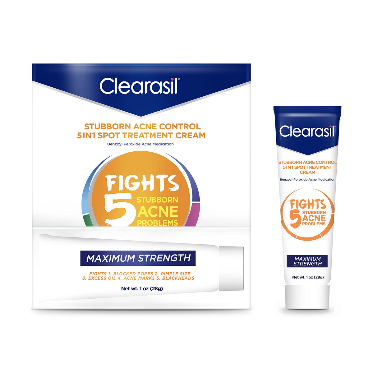 Clearasil Maximum Strength Acne Treatment Cream, 10% Benzoyl Peroxide, 1 Oz, White Blue