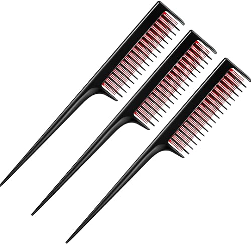 Leinuosen 3 Pcs Rat Tail Teasing Comb Set - Black and Red, Pintail Comb for Volume Styling