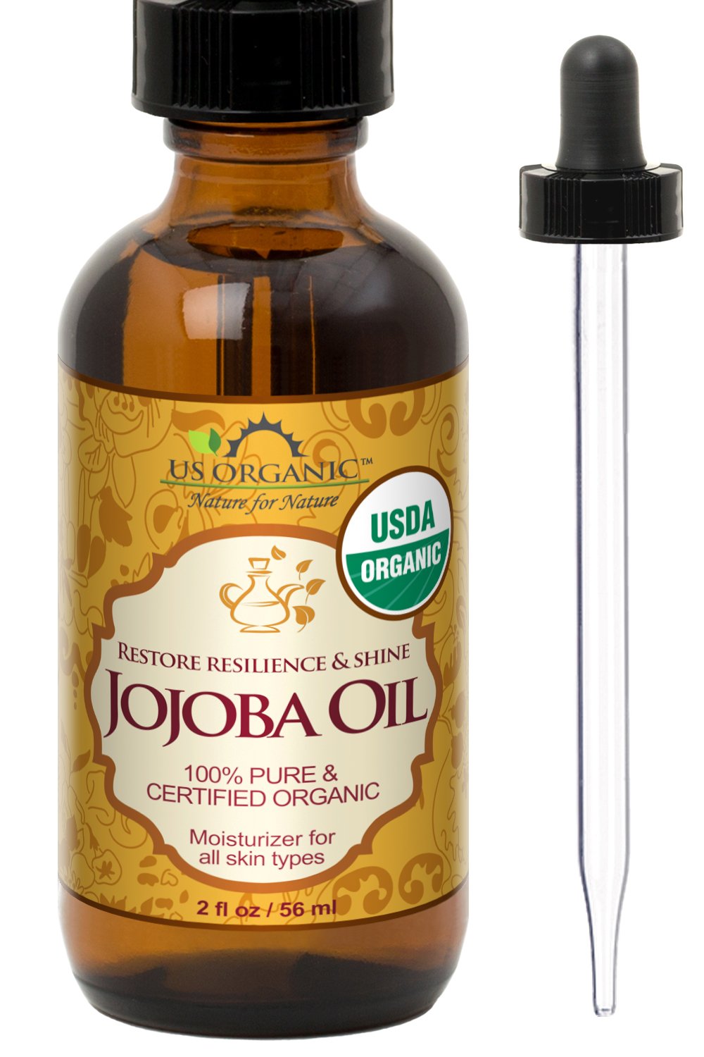 US Organic Jojoba Oil, USDA Certified Organic, Pure Cold Pressed Virgin, 2oz