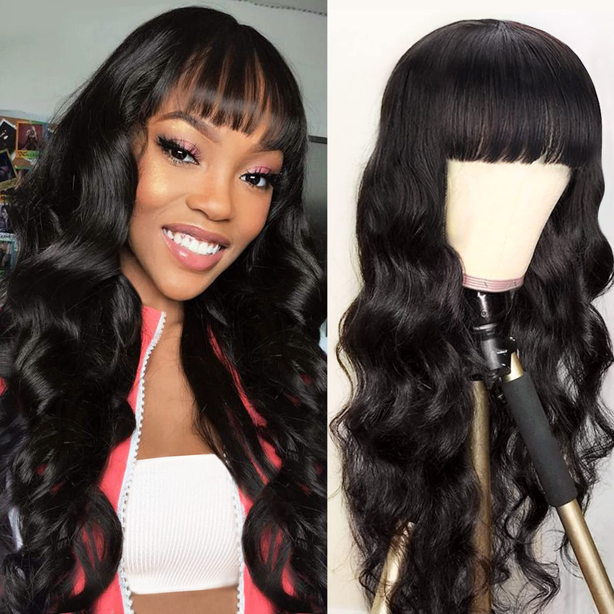 Lativ 26&quot; Body Wave Wigs With Bangs, Virgin Brazilian Human Hair, 150% Density, Glueless