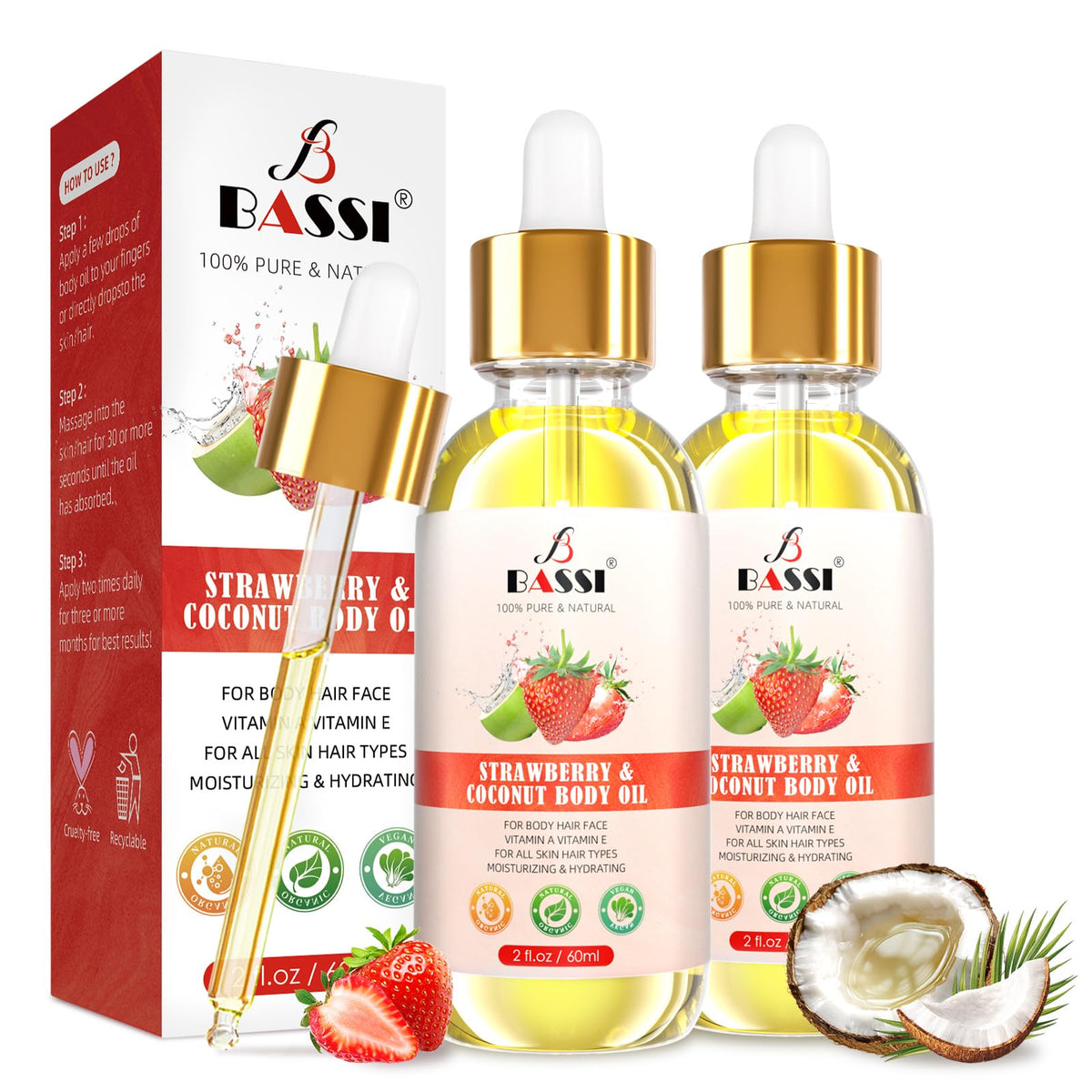 Bassi 2Pcs Organic Coconut Oil Body Oil With Vitamin E For Hydrating, Massage & Hair Care