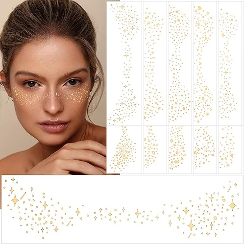 Junebrushs Glitter Freckles Face Tattoo - 20 Sheets Gold Metallic Stickers For Party & Halloween