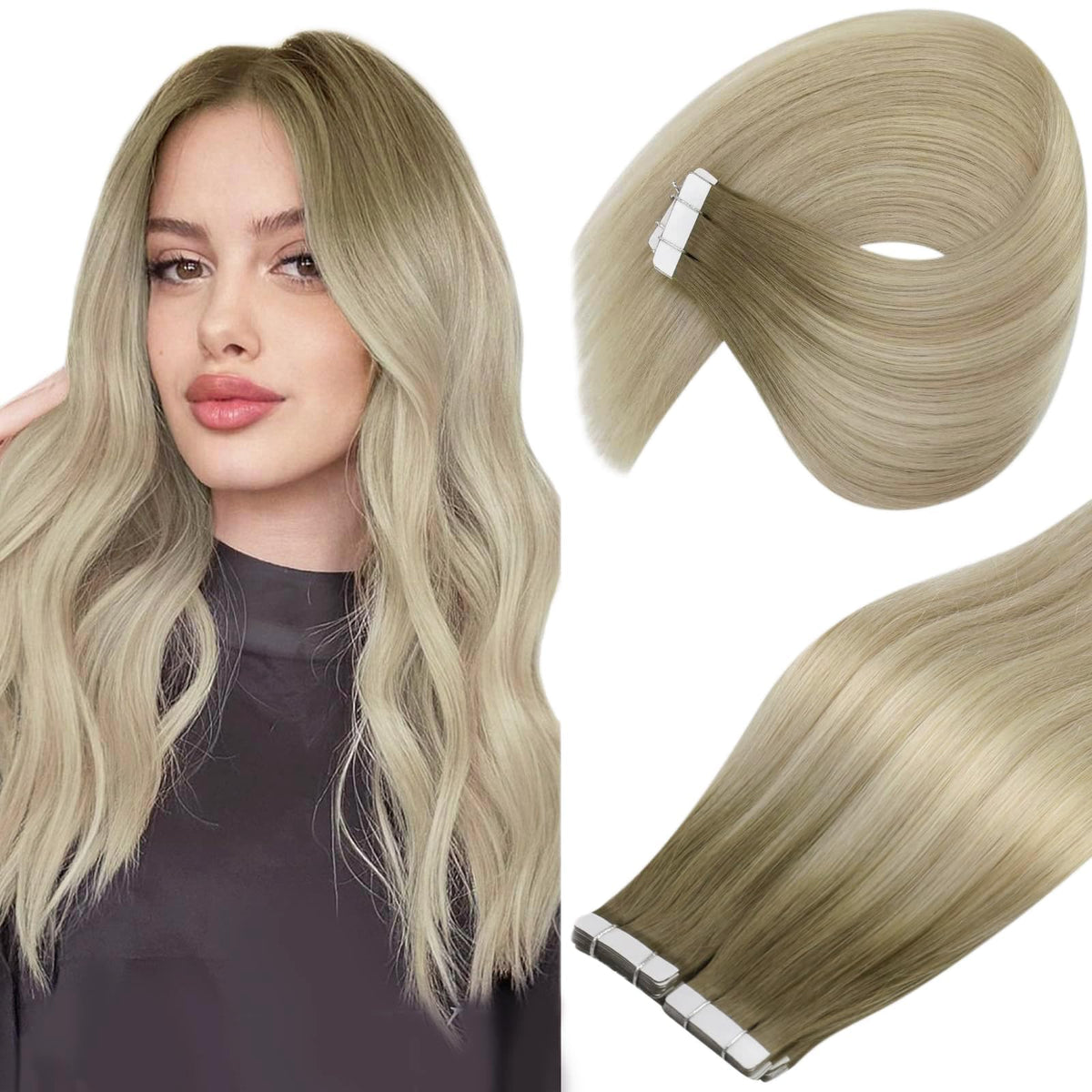 Ve Sunny Ombre Tape In Extensions - 20Pcs Human Hair, Ash Blonde To Platinum Balayage, 18Inch