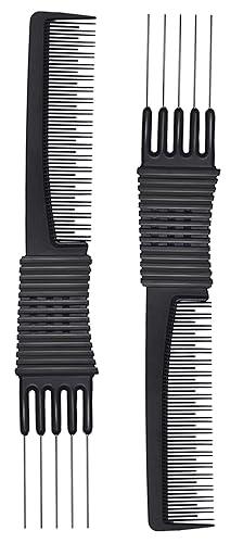 PERFEHAIR 2pcs Black Carbon Teasing Combs with Metal Prong & 5 Stainless Steel Pins