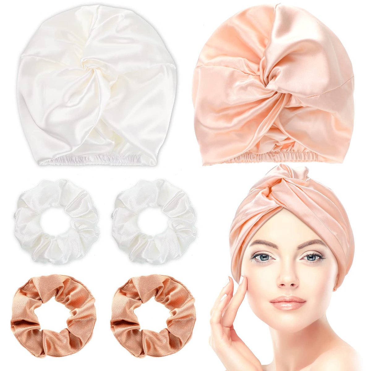 Geyoga 6 Silk Bonnets & Scrunchies Set - Hair Wraps For Sleeping, Pink, White, Rose Gold