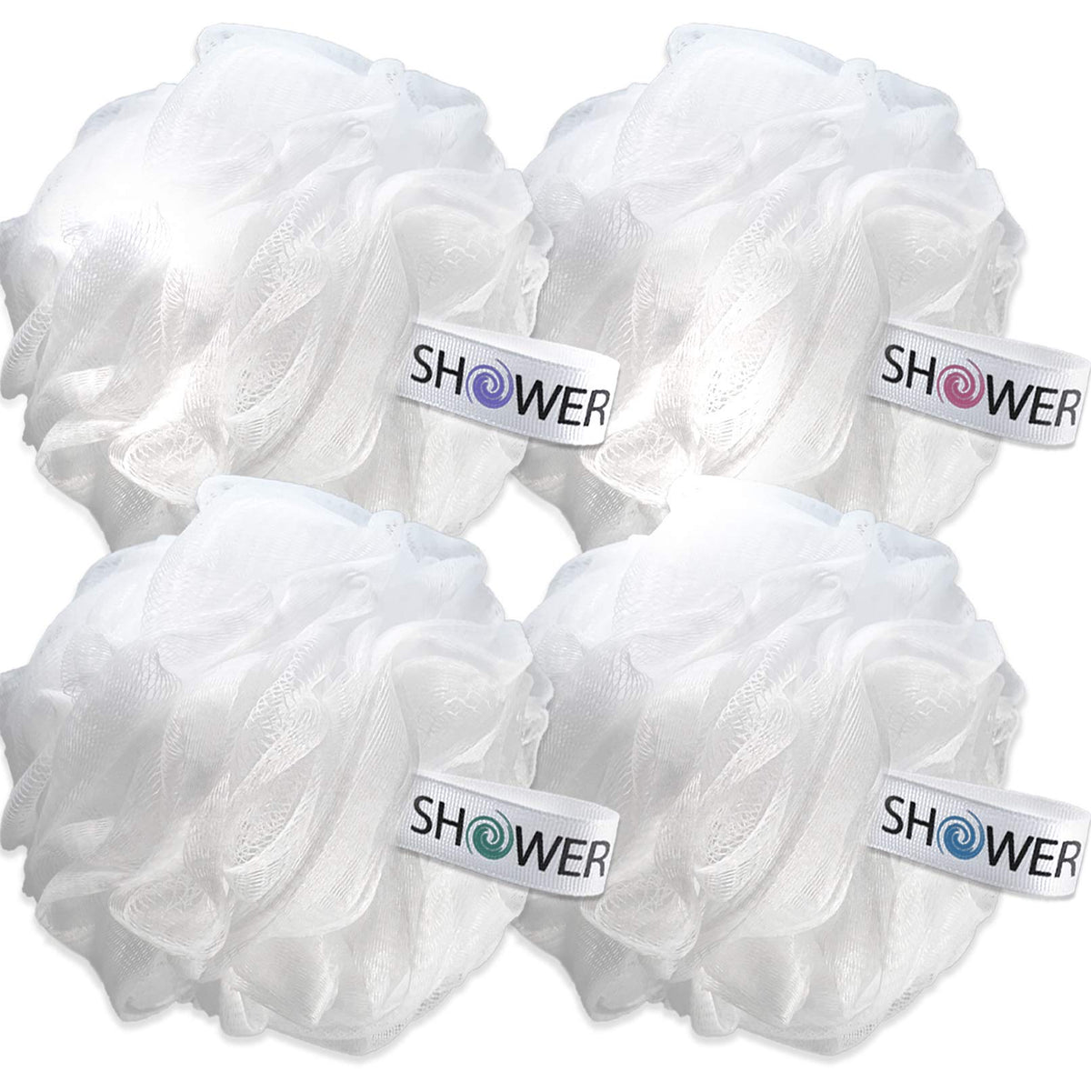 Shower Bouquet Xl Loofah Bath Sponge Set - 4 Pack Soft White Mesh Poufs For Gentle Exfoliation